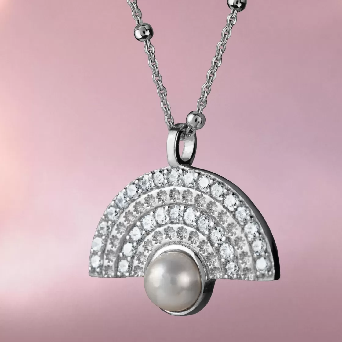 Jacques Lemans Necklace Sterling Silver With White Topaz Gemstones & Pearl